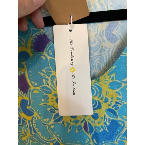 NWT Tendency Dress Size Large Short Sleeve Floral Geometric Blue Yellow V Neck - Picture 4 of 10